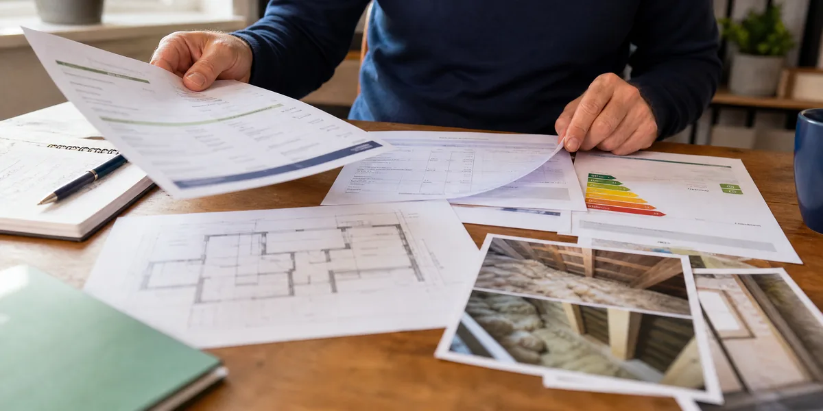 Factures, plans et certificat PEB triés sur une table